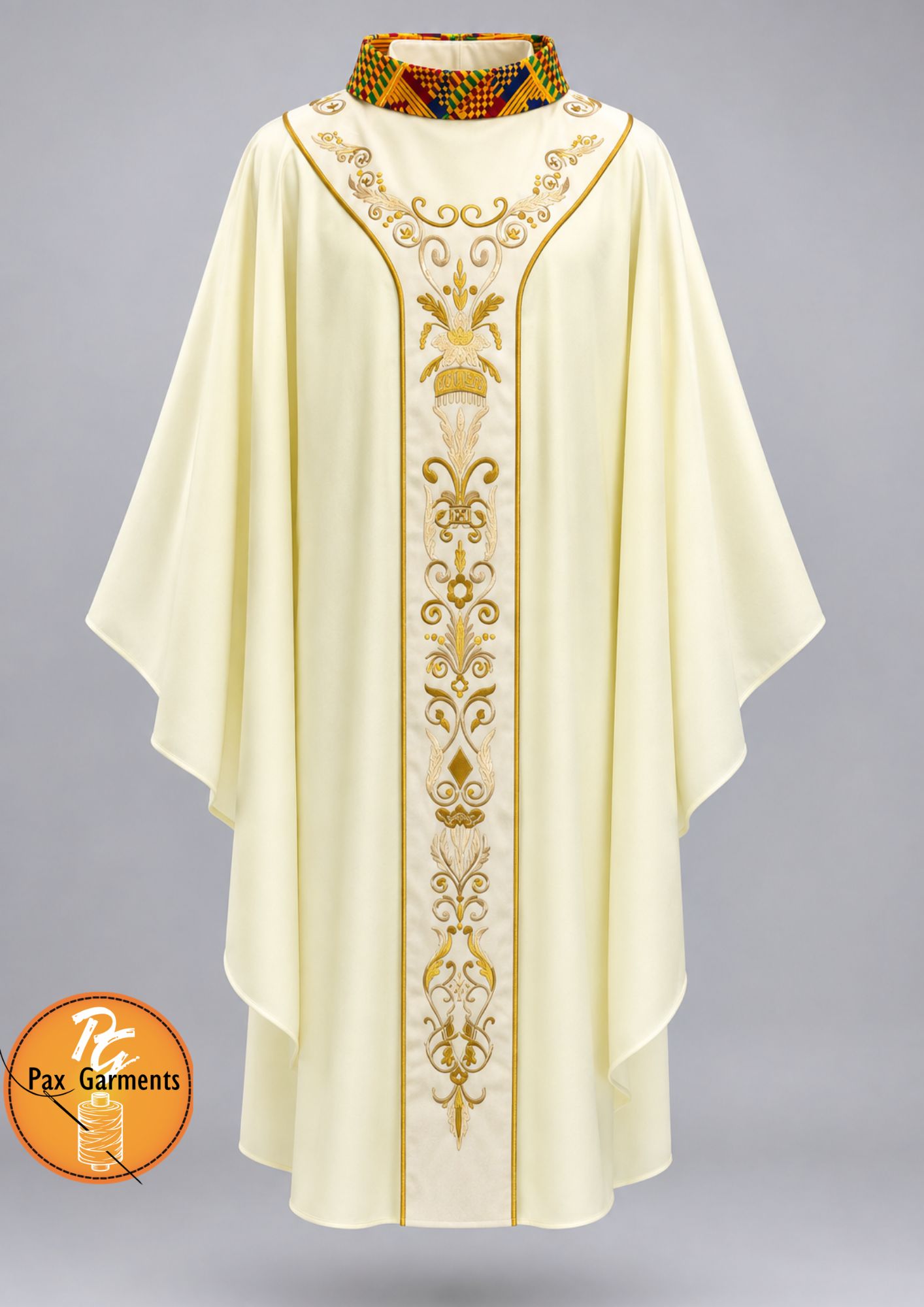  Ivory-colored semi-Gothic liturgical chasuble featuring an ornate central gold-embroidered orphrey panel and a distinctive Kente-patterned roll/cowl collar.
